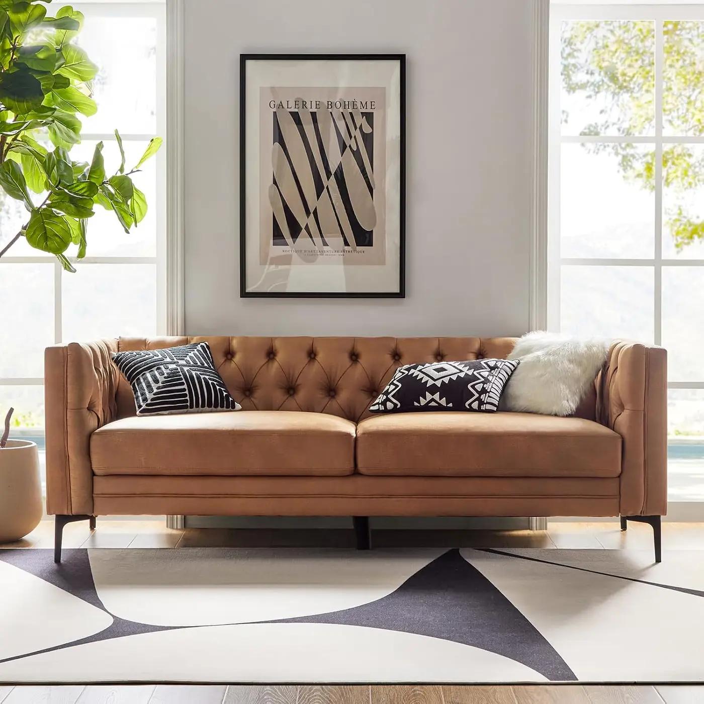 HULALA HOME 84" W Faux Leather Sofa Couch with Metal Legs, Button-Tufted 3-Seater Sofa, Mid Century Modern Upholstered Couch for Living Room, Entertainment Area, Apartment,Camel