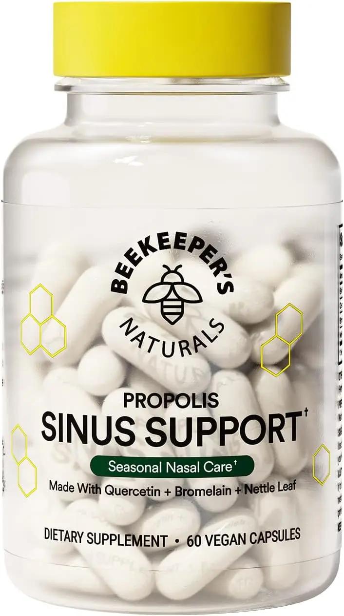 Beekeeper's Naturals All Natural Sinus Support for Adults, Seasonal Nasal Care Relief with Propolis, Quercetin, Bromelain, Nettle Leaf, &amp; Vegan Capsule, Blocks or Suppresses Histamine, 60 ct