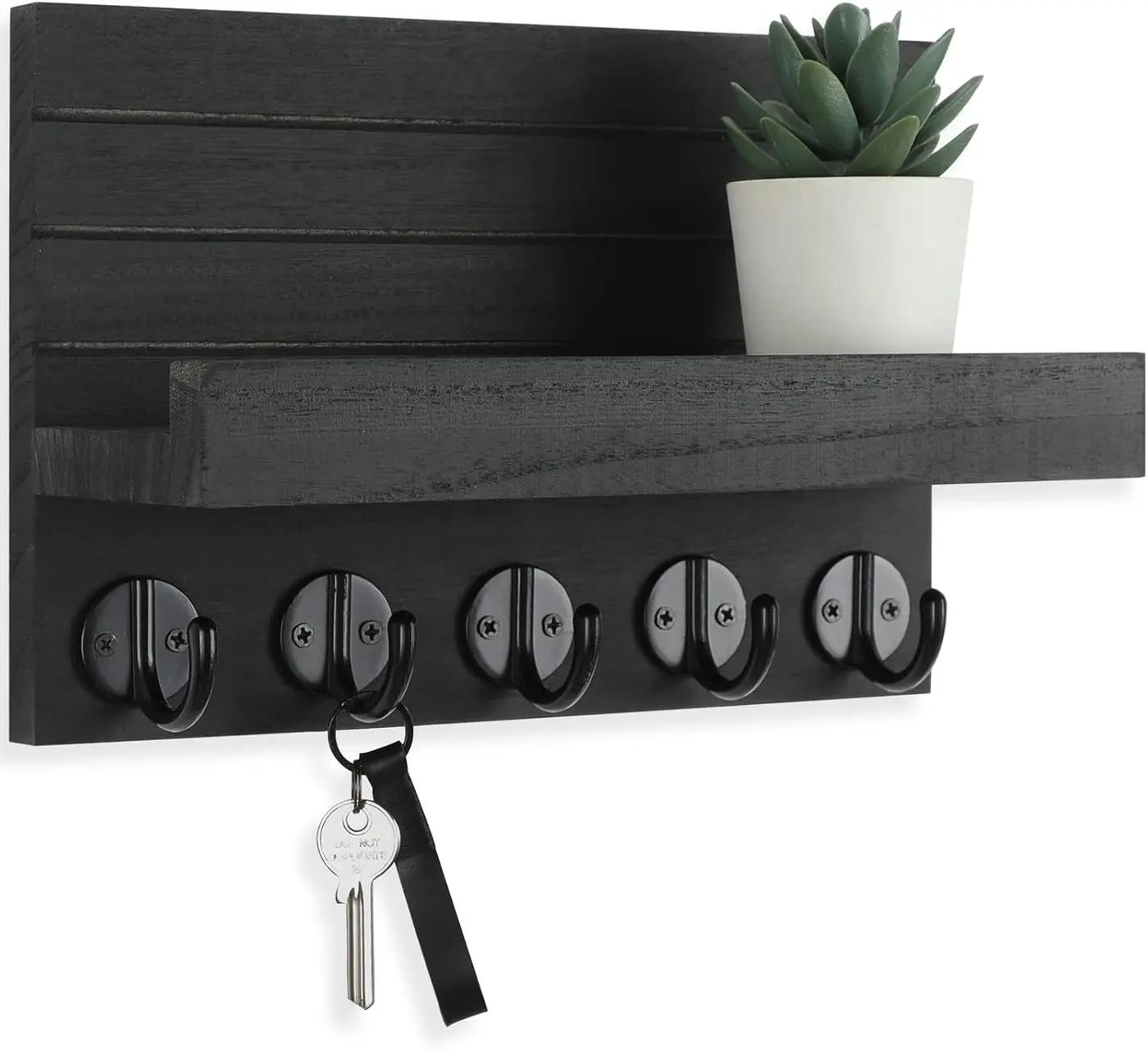 Lwenki Key Holder for Wall, Decorative Key and Mail Holder with Shelf Has Large Hooks for Bags, Coats, Umbrella – Paulownia Wood Key Hanger with Mounting Hardware (9.8”W x 6.7”H x 4.2”D)