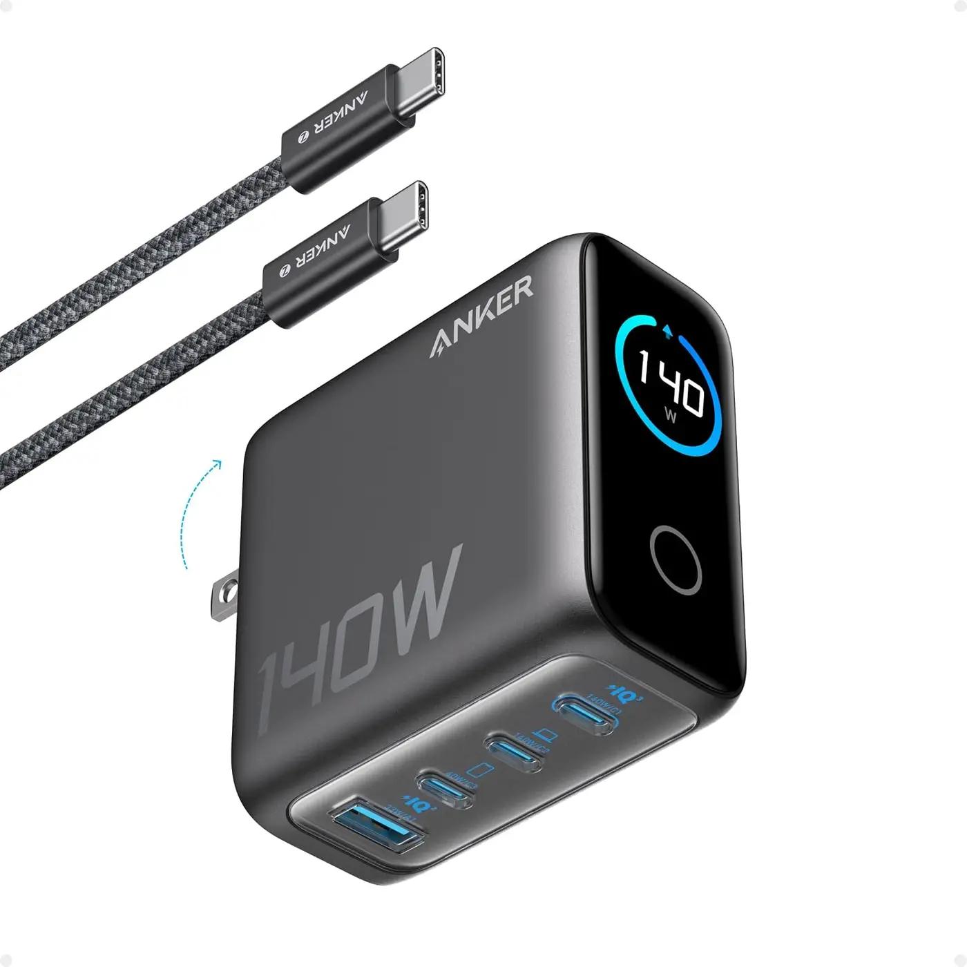 Anker MacBook Charger,140W Max 4-Port GaN USB C Charger Block with Smart Display,Fast Charger USB C Power Adapter,Touch Controls for MacBook,iPad,iPhone 17/16 Series (Include 5FT Cable,Non-Battery) ClimatePartner certified