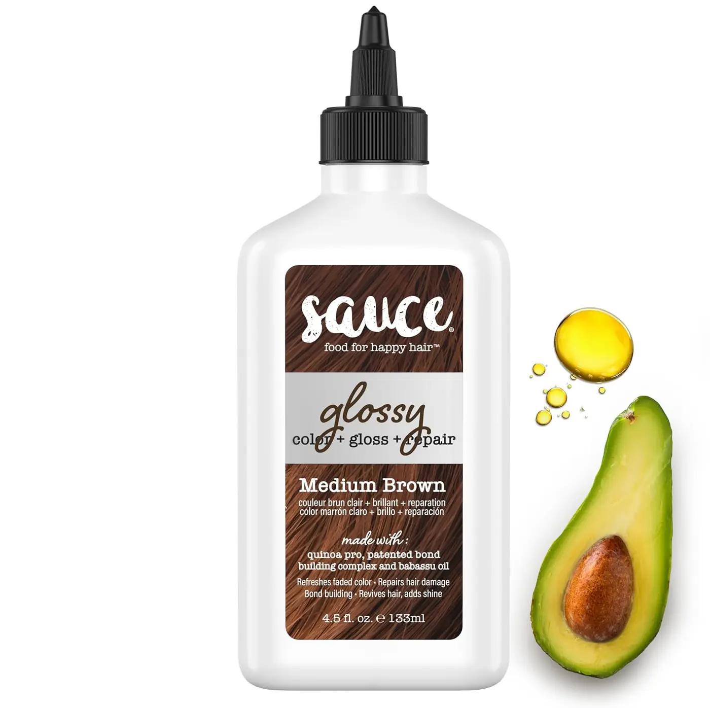 Sauce Beauty Glossy Color + Gloss + Repair, Medium Brown, Semi Permanent Hair Dye with Bond-Building and Color-Fade Protection Technology, Adds Shine &amp; Deep Moisture, Lasts 4-8 Weeks, Stops Fade