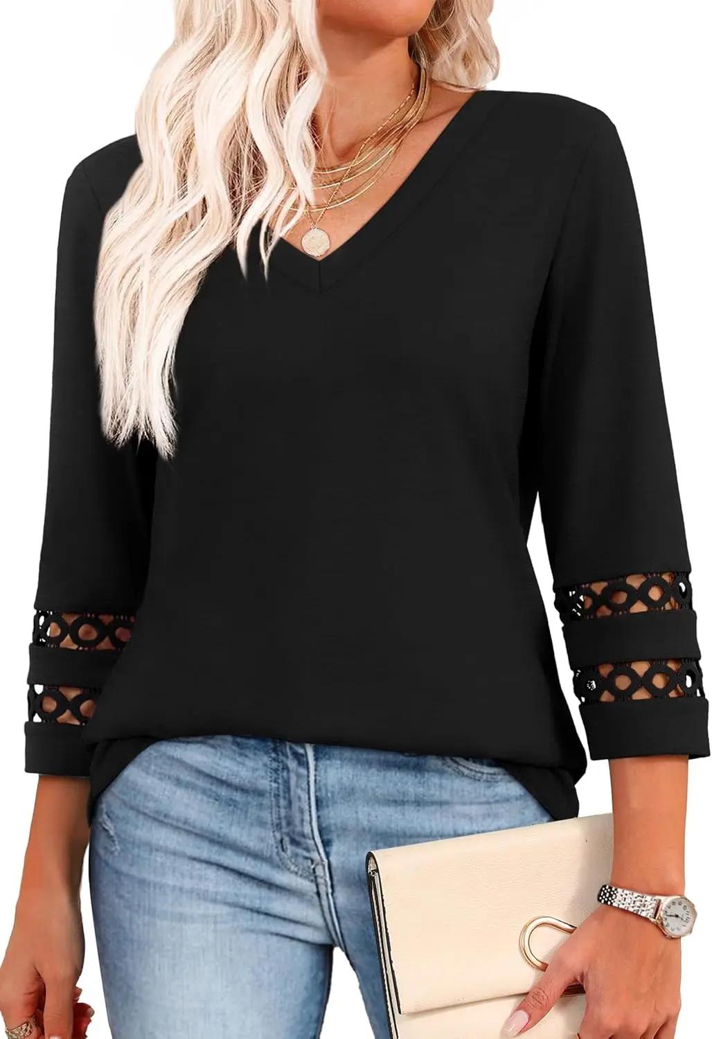XIEERDUO 3/4 Length Sleeve Womens Tops Dressy Casual Blouses for Women 2026 Trendy V Neck T Shirts Summer Clothes OEKO-TEX STANDARD 100