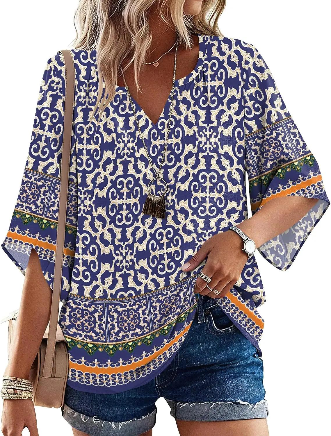 LOMON Women's 3/4 Length Sleeve Boho Tops V Neck Casual Vacation Clothes Loose Fit Tunic Shirts S-3XL ISCC PLUS