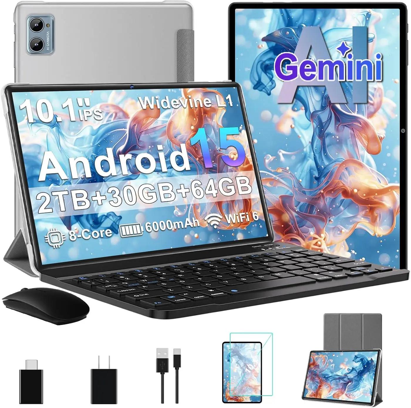 Tablet 2026 Android 15 Tablets with 2.0GHz Octa-Core, 30GB 64GB 2TB Expand, 10 inch Tablet with Keyboard, FHD IPS Display, Gemini AI, 8MP Camera, WiFi 6, 6000mAh, Widevine L1, BT 5.0 -Gray