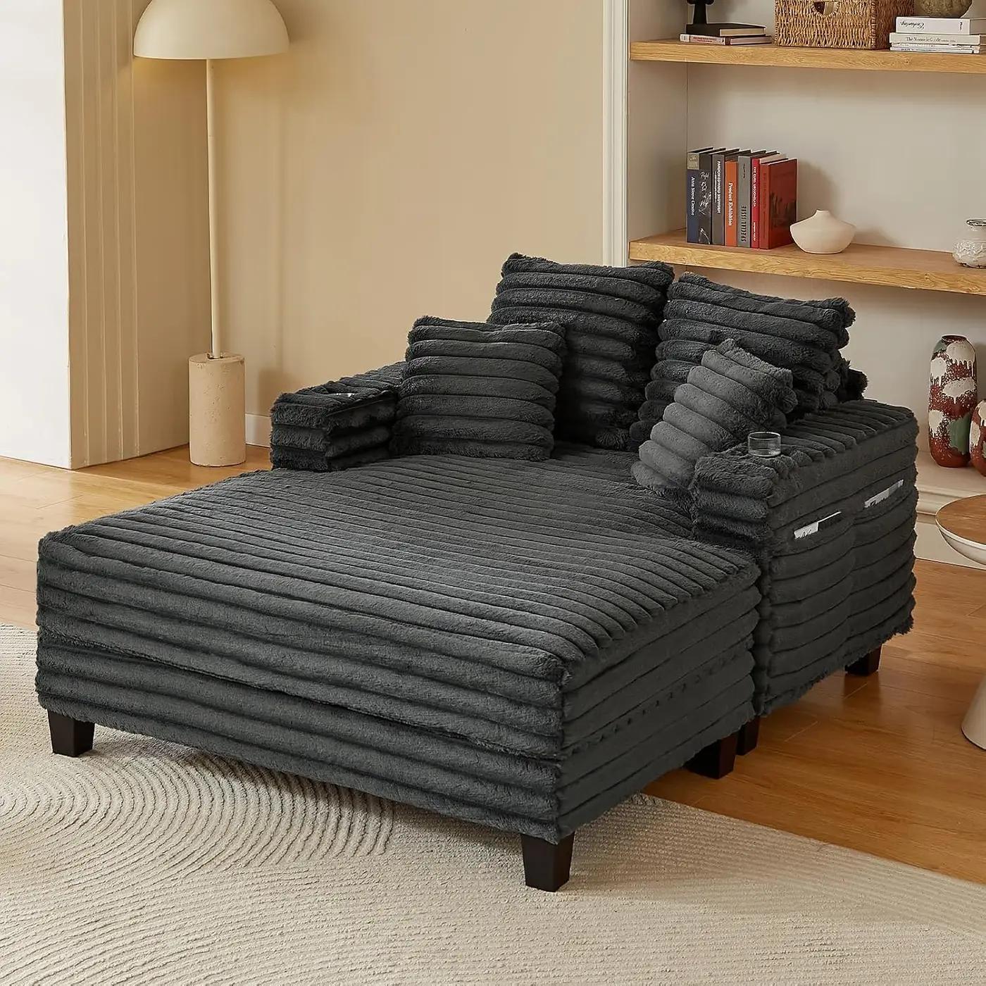 Amsleekey 64" Chaise Lounge Chair Indoor, Oversized Sleeper Chair with Wood Frame, Upholstered Sofa Bed for Living Room, Movie Room, Bedroom with 4 Storage Pockets&amp;2 Cup Holders(Plush Corduroy, Grey)