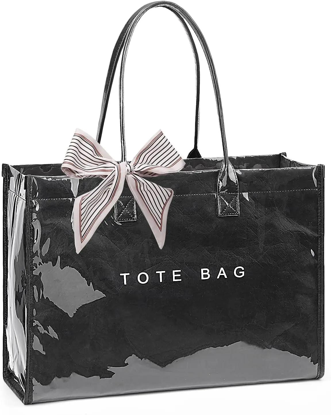 Lushandy PVC Tote Bag for Women, Large Plastic Tote Purse Work Kraft Paper Letter Print Shoulder Bag Carry All Hobo Handbag