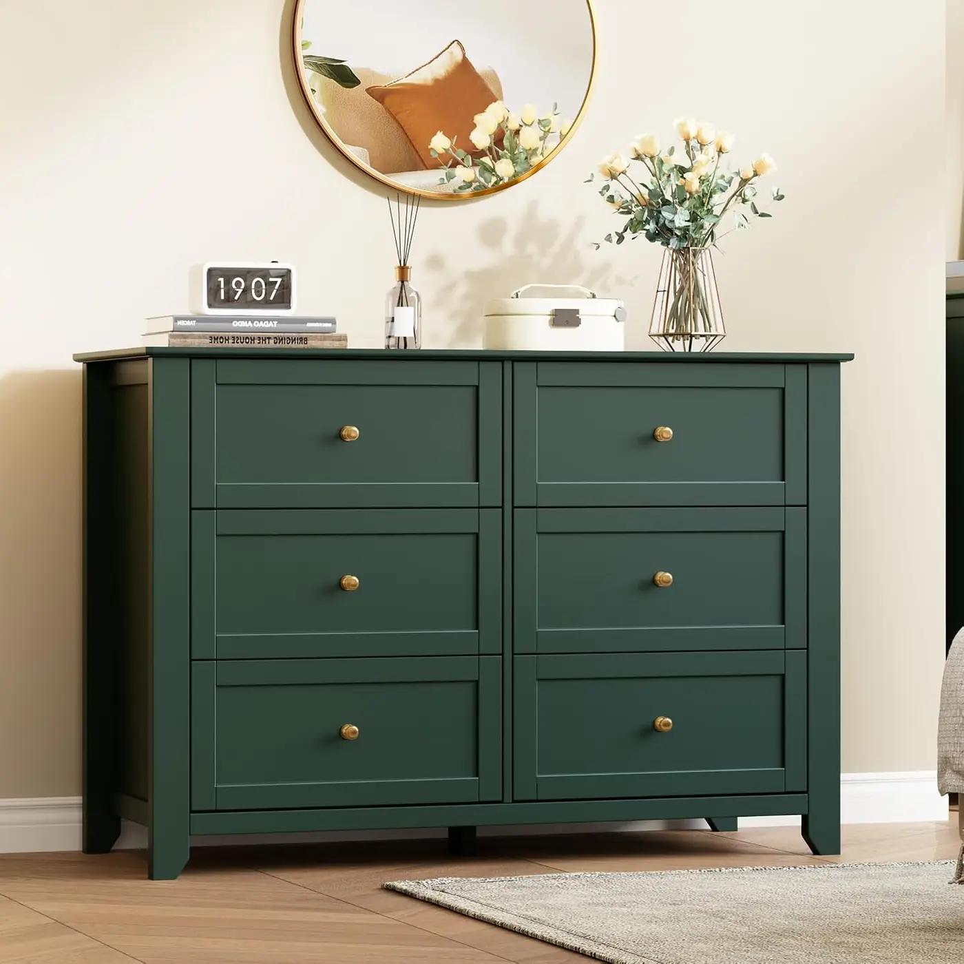 IDEALHOUSE Green 6 Drawer Dresser for Bedroom, Large Dresser with Deep Drawers &amp; Metal Knobs, Modern Wooden Chests of Drawers for Entryway, Hallway