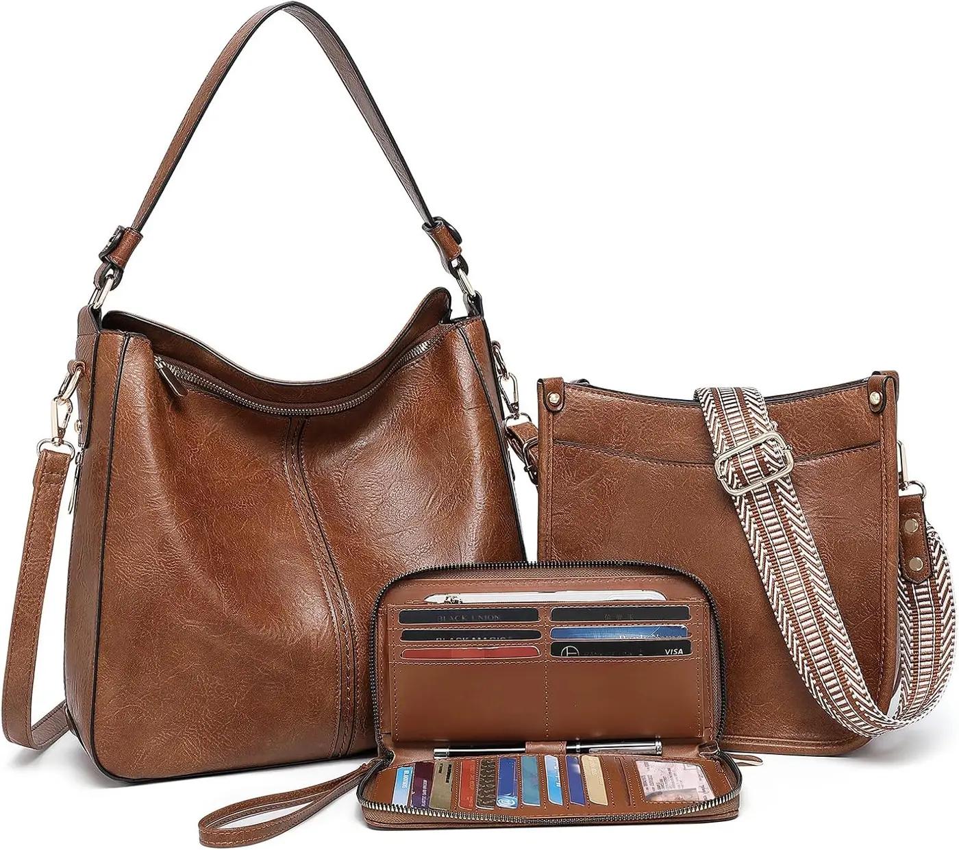 BAVERGE Purses for Women 3PCS, Crossbody Bags Set Large Leather Purse Shoulder Handbags with Wallet Adjustable Straps for Ladies Tote