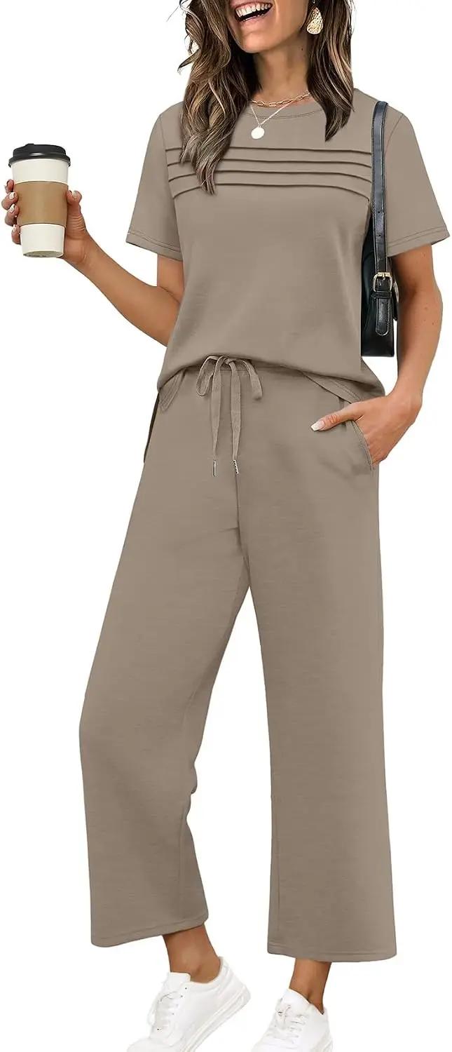 WIHOLL Two Piece Sets for Women Summer Spring Travel Vacation Outfits Short Sleeve Lounge Sets Side Slit Wide Leg Pants S-3XL OEKO-TEX STANDARD 100