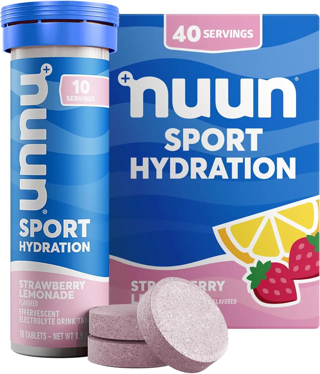 Nuun Sport Electrolyte Tablets with Magnesium, Calcium, Potassium, Chloride &amp; Sodium, Gluten Free &amp; Vegan, Strawberry Lemonade, 4 Pack (40 Servings Total)