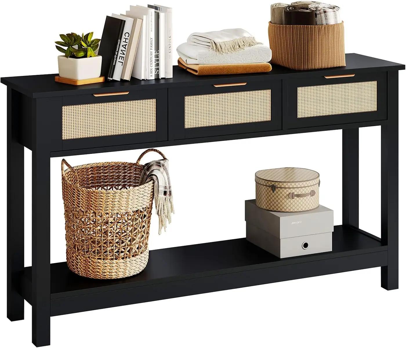 Luoxiao Entryway Table, 47" Rattan Console Tables with 3 Drawers, Narrow Hallway Table for Entryway with Storage Shelf, Slim Sofa Table Behind Couch, Modern Black Foyer Entry Way Table, Easy Assembly