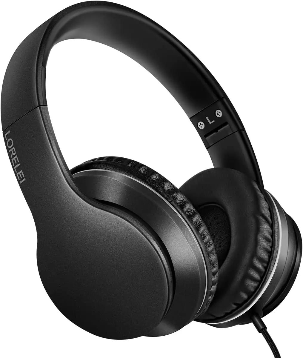 LORELEI X6 Over-Ear Wired Stereo Bass Headphones with Microphone, Lightweight, Foldable &amp; Portable with 1.45M No-Tangle for Smartphone, Tablet, MP3/4, Space Black Global Recycled Standard