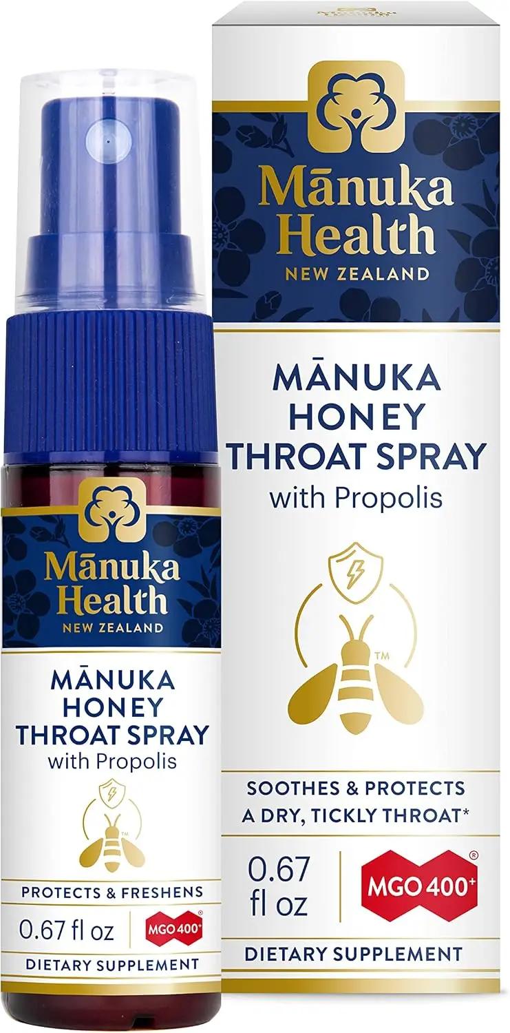 Manuka Health, Manuka Honey Throat Spray with Propolis .67 fl oz, Protects &amp; Freshens, MGO 400+, BIO30 New Zealand Propolis