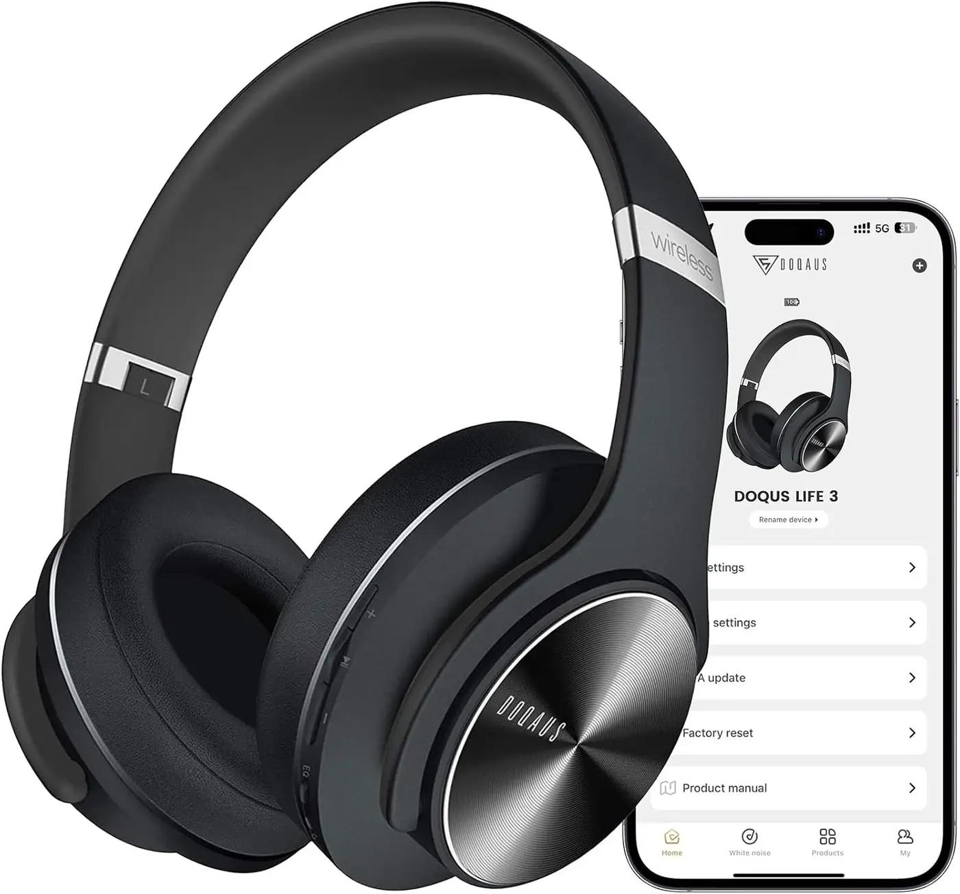 DOQAUS Bluetooth Headphones Over Ear, 90H Playtime Wireless Headphones with App Control, 9 EQ, Deep Bass, HiFi Stereo Sound, Headset for Travel Commute Gym and Study, Foldable Memory Foam Global Recycled Standard