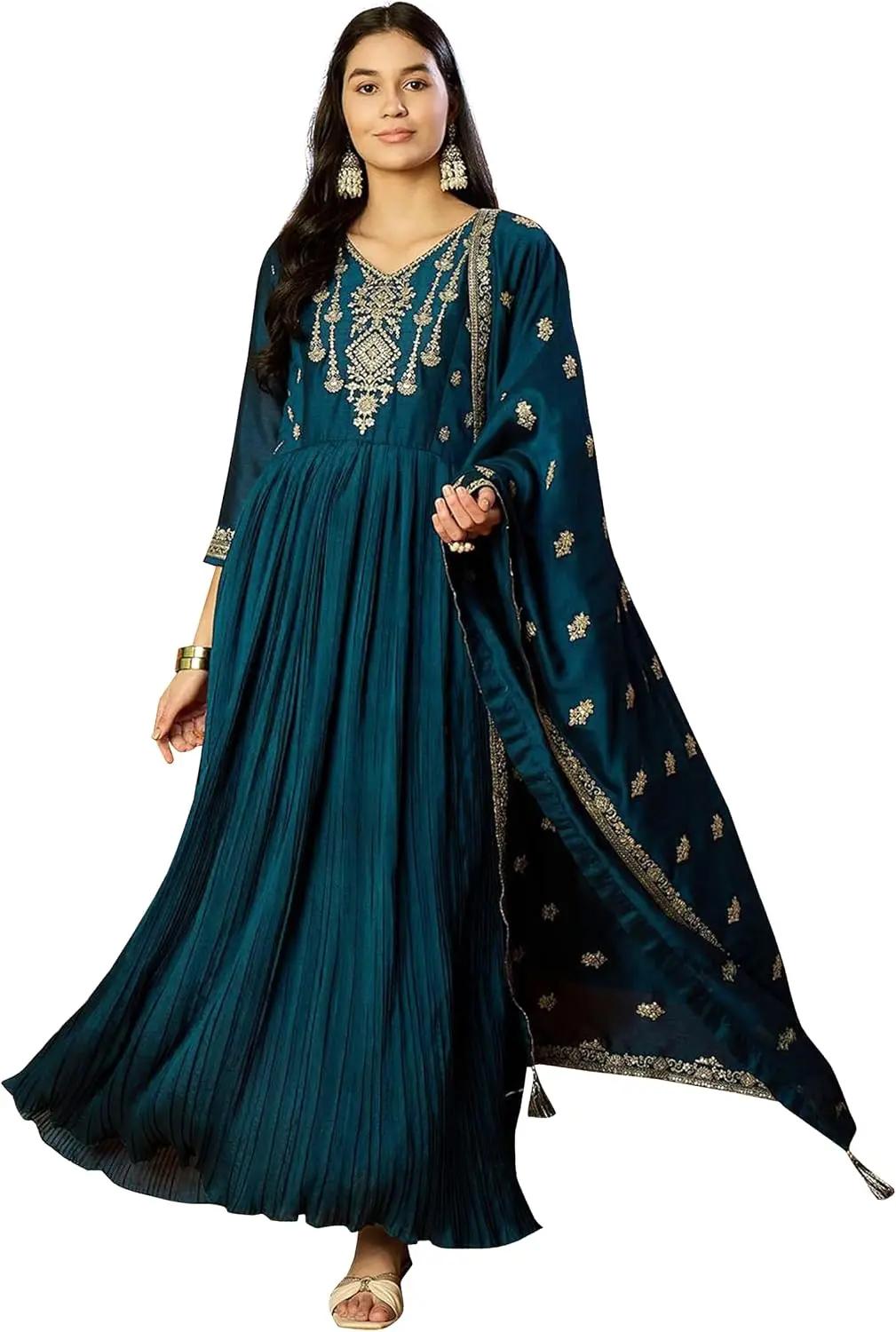 TRENDMALLS Women's Art Silk Embroidery Work Anarkali Kurta Pant with Net Dupatta Set For Women