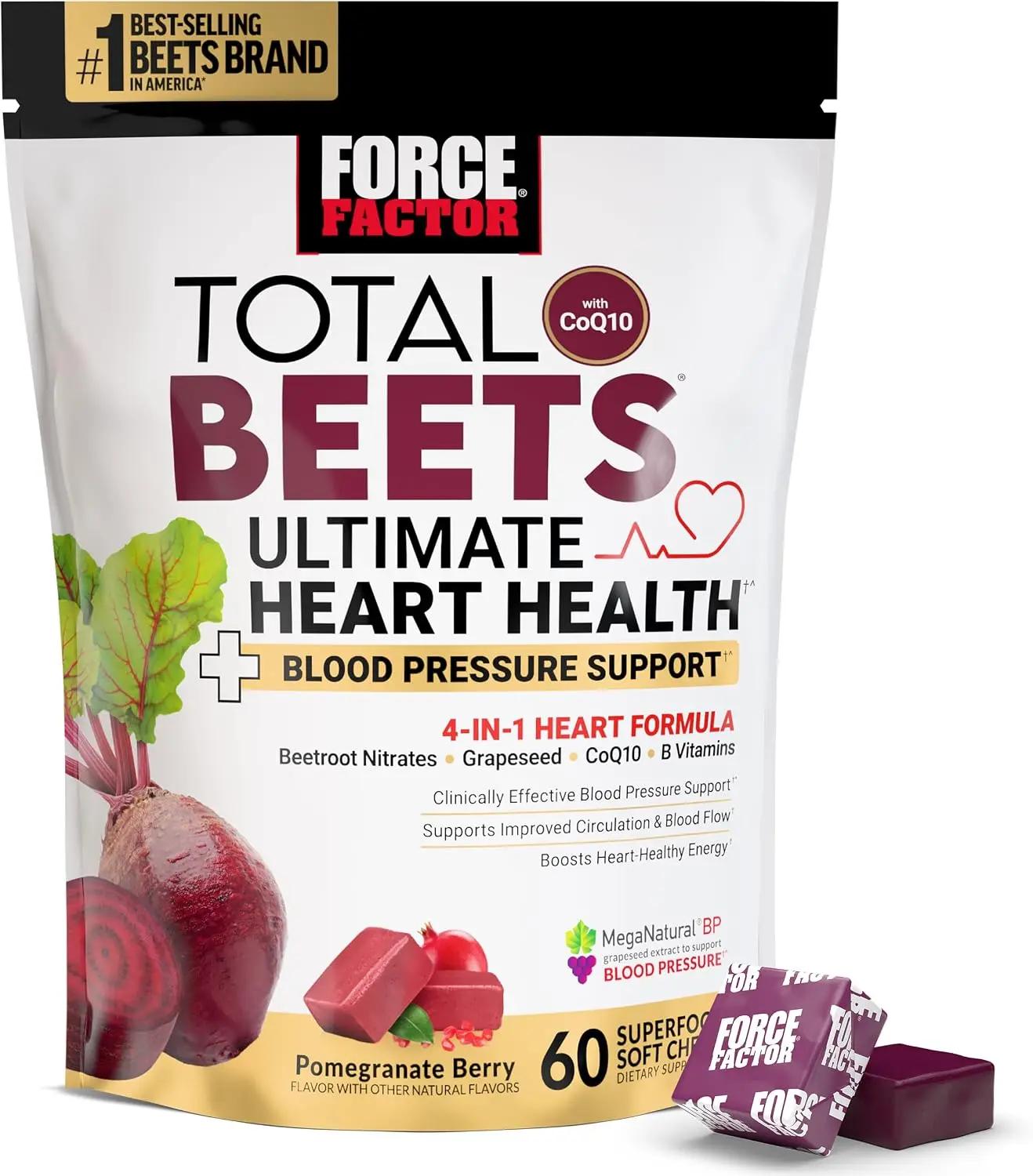 Force Factor Total Beets Ultimate Heart Health Chews for Blood Pressure Support, with Beetroot Powder, CoQ10, B Vitamins &amp; Grapeseed Extract for Blood Flow &amp; Energy, Pomegranate Berry, 60 Soft Chews