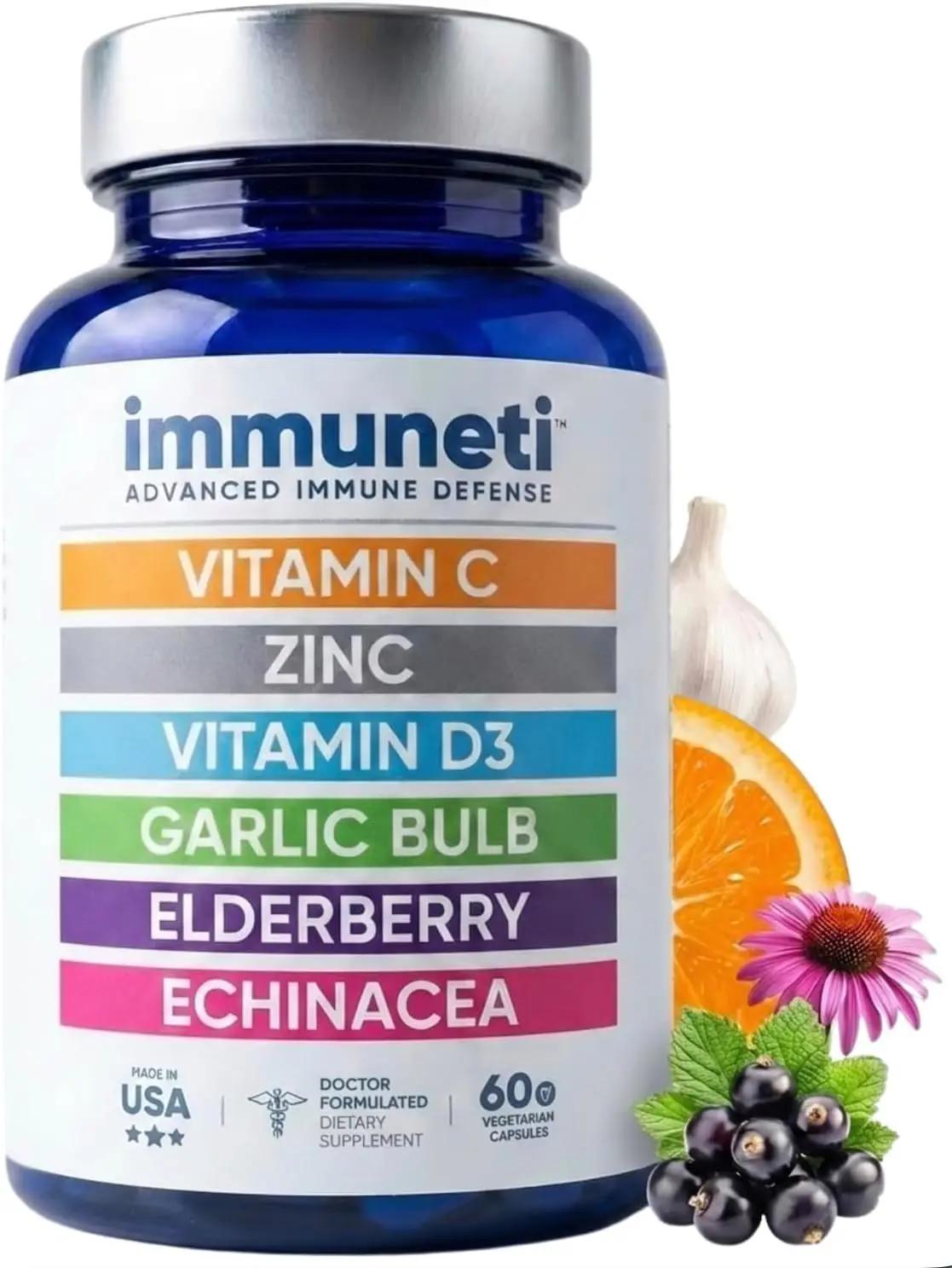 Immuneti Advanced Immune Support – Doctor Formulated 6-in-1 Daily Immunity Supplement – Made in USA – With Vitamin C, D3, Zinc, Elderberry, Garlic &amp; Echinacea - Vital Nutrients &amp; Antioxidants (1)