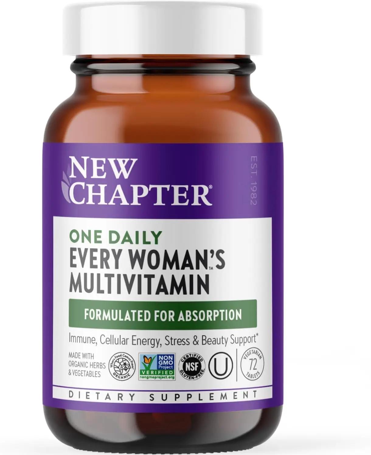 New Chapter Women’s Multivitamin, Iron, B6, B12, Biotin for Hair Growth, D3, Vit C, Zinc for Immune &amp; Stress Support, Gentle on an Empty Stomach, One Daily, Non-GMO, Gluten-Free, 18+, 72 Tablets ClimeCo Certified