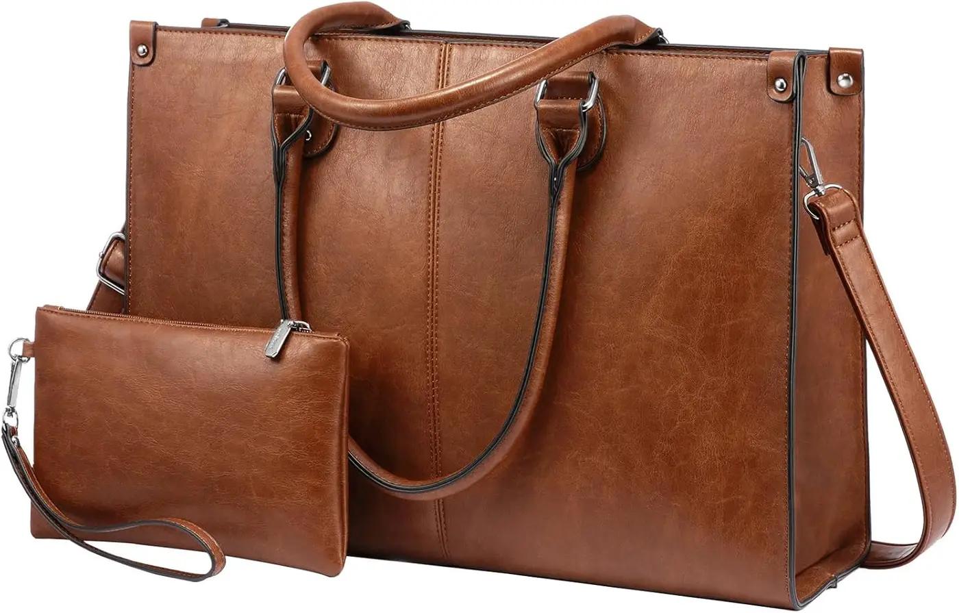 LOVEVOOK LOVEVOOK Laptop Tote Bag for Women, 15.6 Inch Large Capacity Vintage Leather Work Computer Bag, Business Casual Shoulder Handbag, Dark Brown