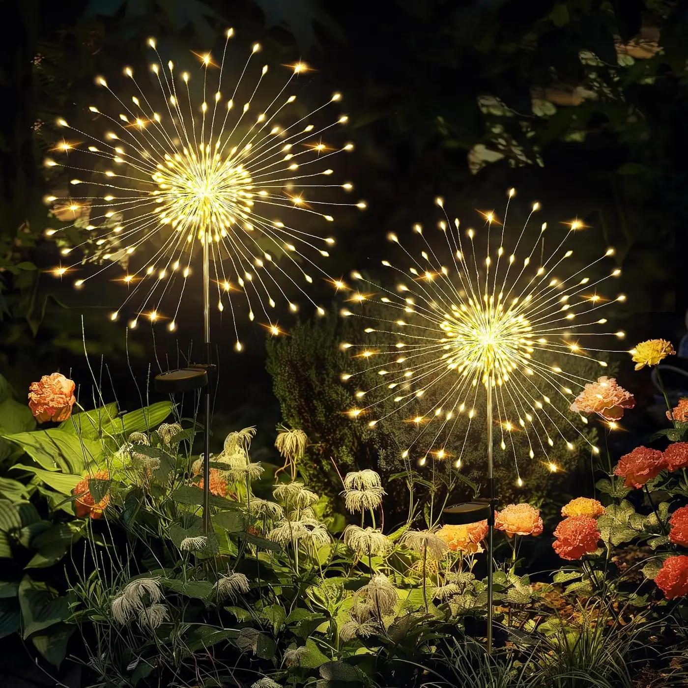 GIGALUMI Garden Decor Outdoor Lights 120LED 2Pack, Solar Garden Lights Outside Fairy Firework Decorative,Solar Powered for Yard Pathway Flowerbed Planter Balcony Patio 4th of July Decor (Warm White ClimatePartner certified
