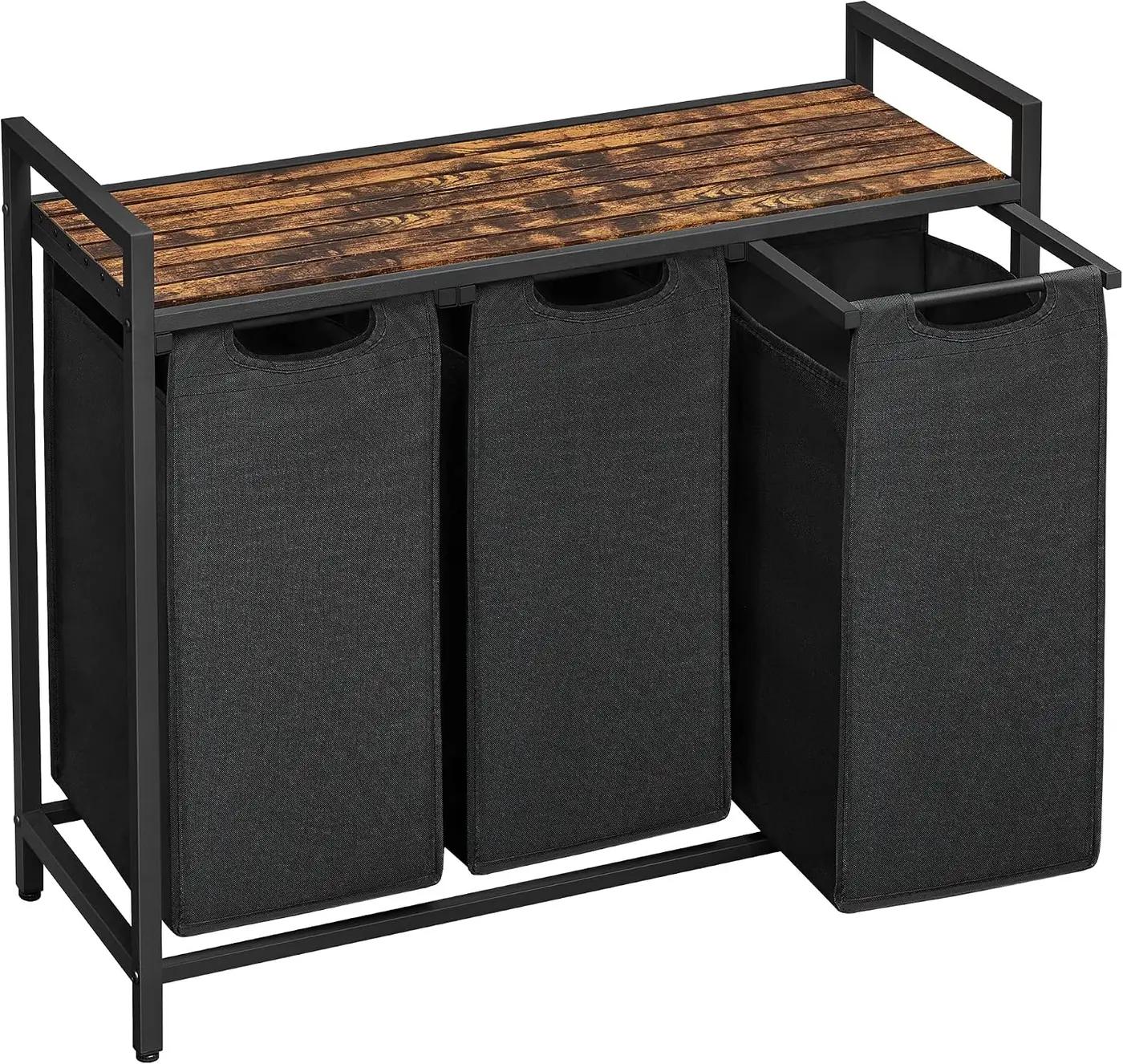 VASAGLE Laundry Hamper, Laundry Basket, Laundry Sorter with 3 Pull-Out and Removable Bags, Shelf, Metal Frame, 3 x 10.6 Gallons (40 L), 36.4 x 13 x 28.4 Inches, Ink Black and Rustic Brown UBLH301B01