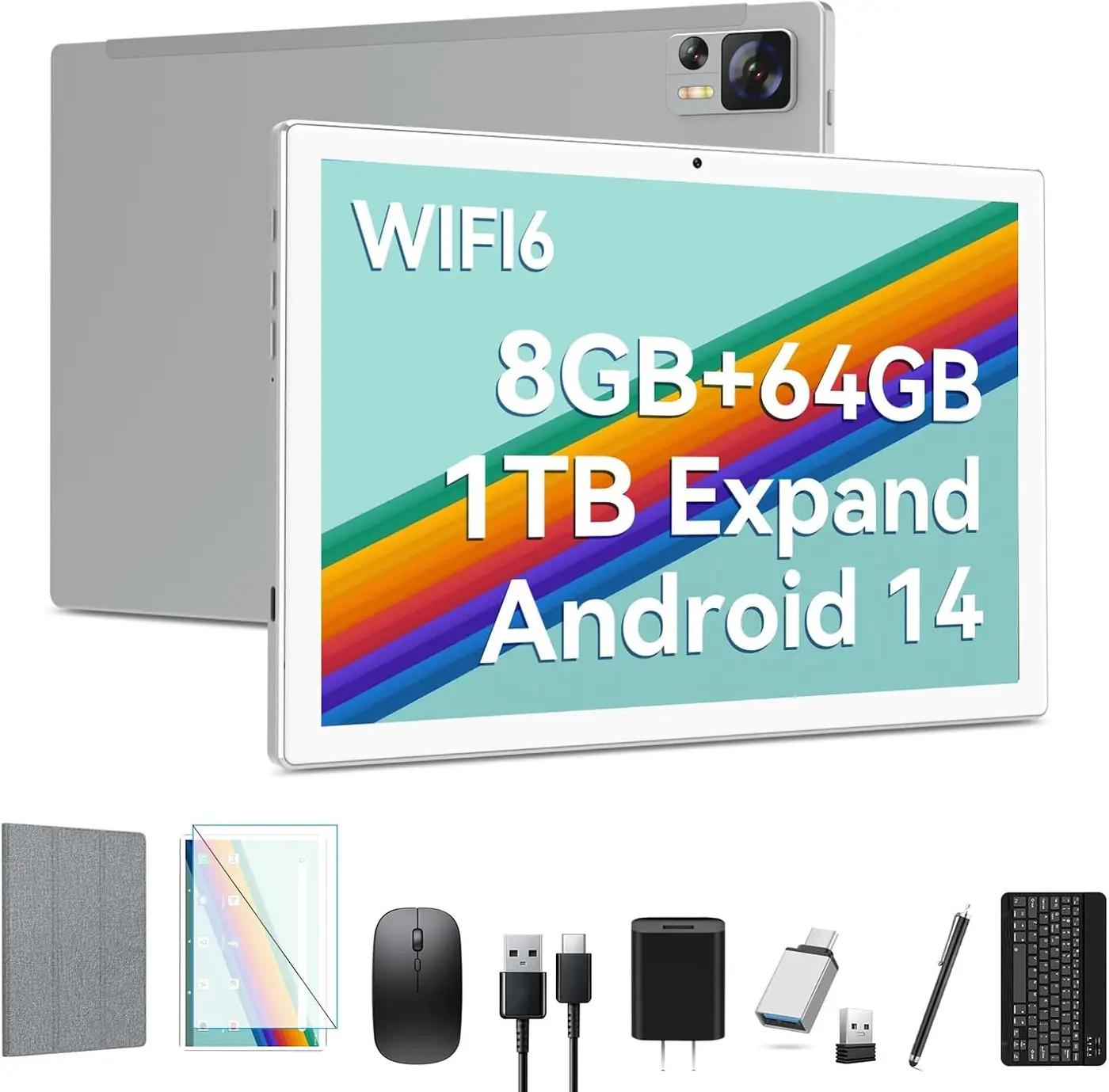 Qukenk 2025 Latest Android 14 Tablet WIFI6 Large Storage 8GB RAM (4+4 Virtual) + 64GB ROM+512GB, Octa-Core 2 in 1 Tablet with Keyboard, 7000mAh Tablets 10.1 Inch Screen, Bluetooth/Case/Mouse