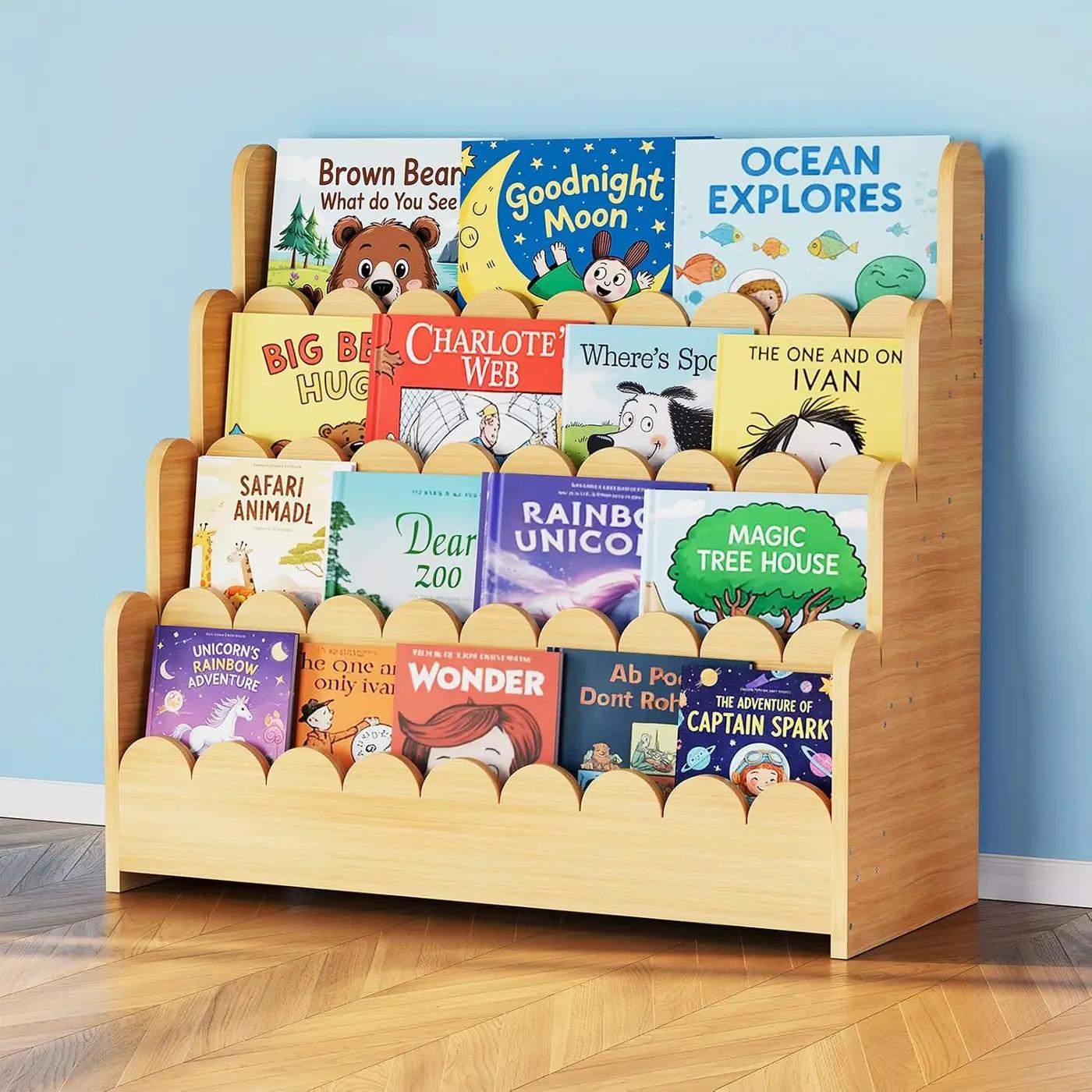 SpaceAid 4-Tier Scalloped Bookshelf, Montessori Bookcase for Toddlers, Wooden Book Shelf Organizer Display Furniture for Kids Rooms, Playroom, Nursery and Classroom, 29.6“ Wide, Natural