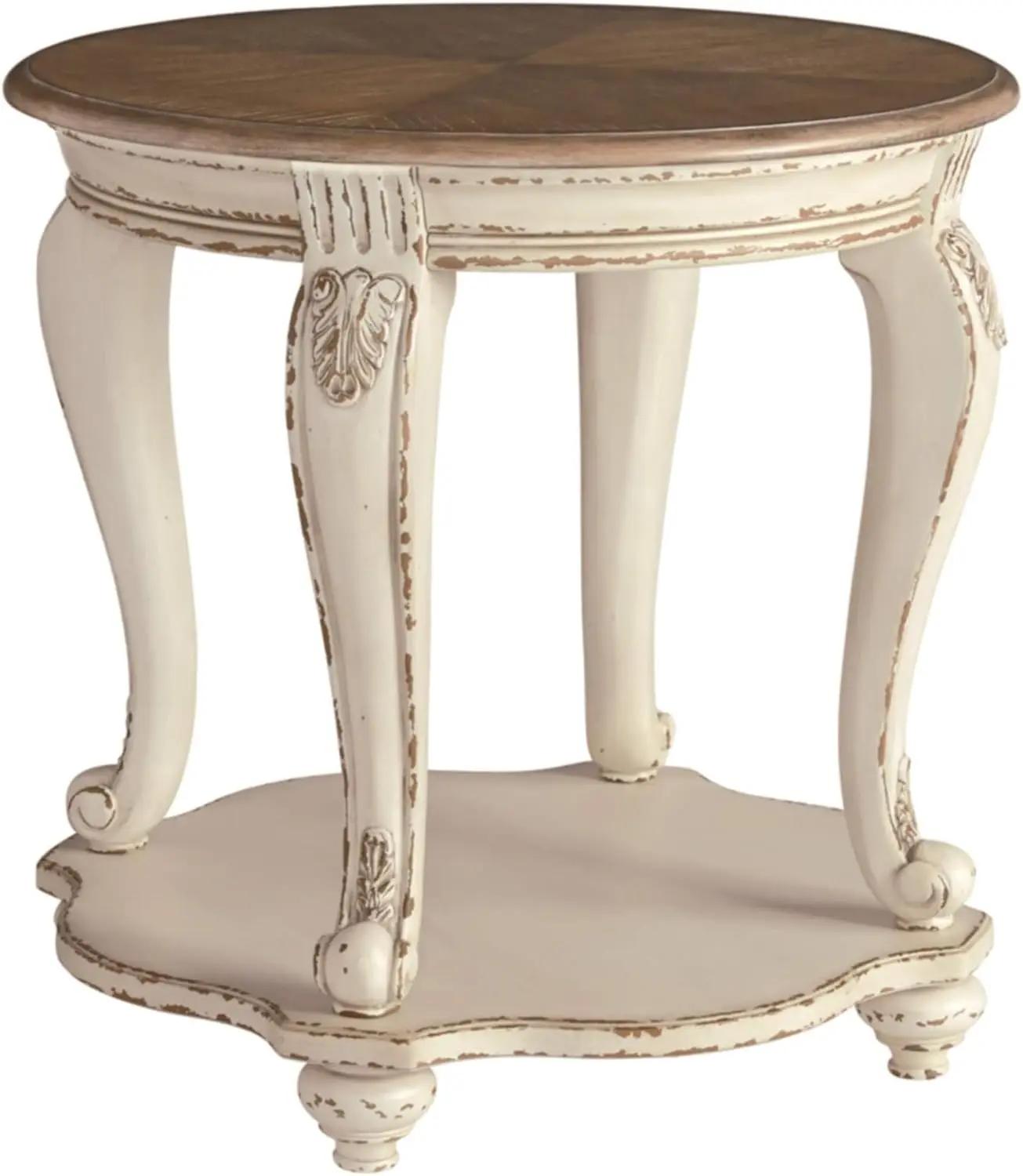 Signature Design by Ashley Realyn Round End Table, Cottage-Style Side Table with Antiqued Two-Tone Finish, Wood &amp; Veneer Construction for Living Room or Bedroom, White/Brown