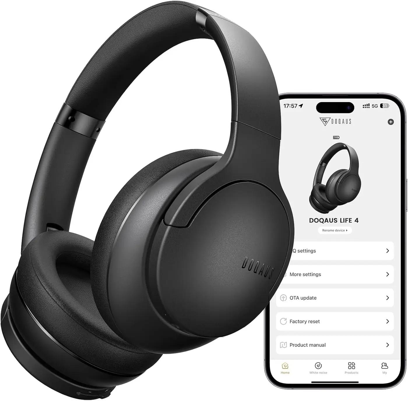 DOQAUS Bluetooth Headphones Over Ear Wireless, 90H Playtime, BT 5.4, 9 EQ Modes via App, Movie &amp; Sleep Mode, HiFi Deep Bass, Memory Foam for Travel, Gym, Phone, PC Stocking Stuffers Global Recycled Standard