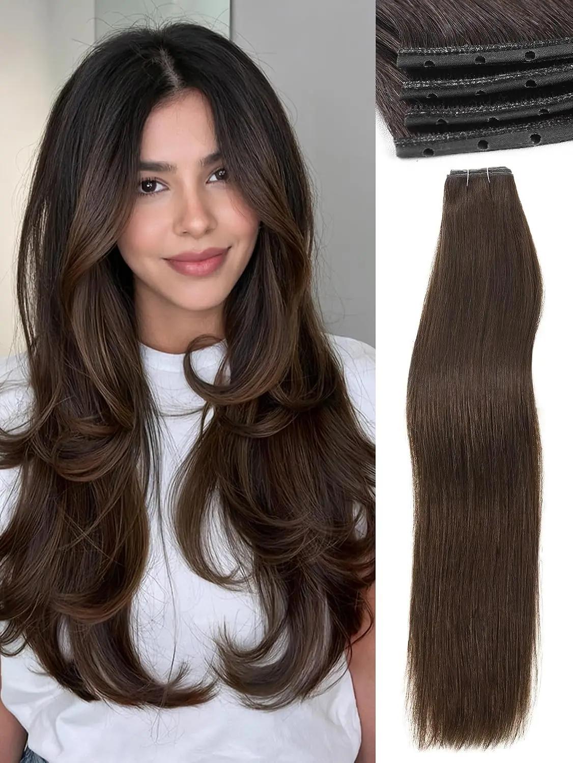 WIGNEE Twin Tab Butterfly Genius OVO Weft Hair Extensions Human Hair Latest Brown Double Invisible Real 100% Remy Human Hair Weft with Micro Bead Hair Extensions 100g 2PCS 18 Inch