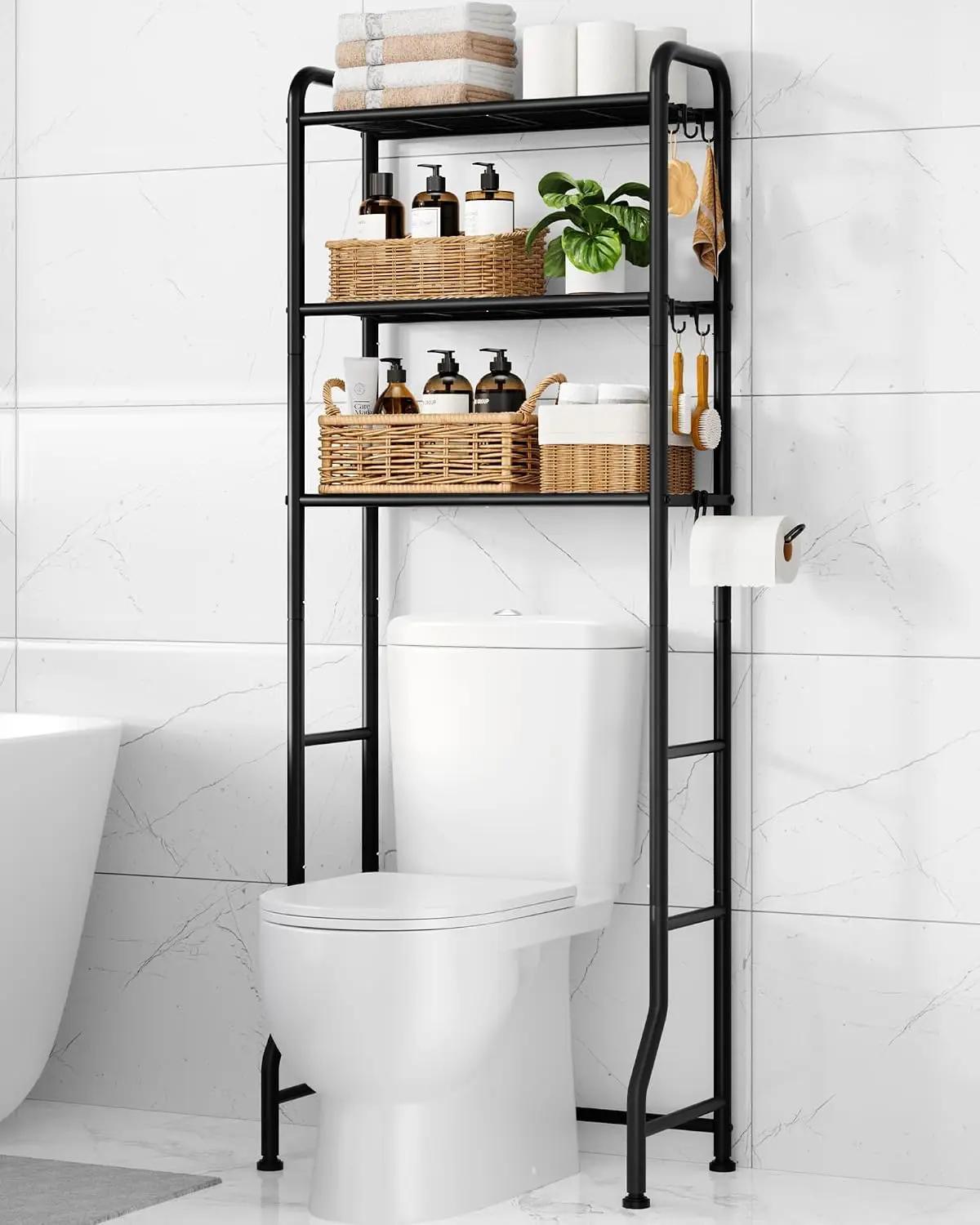 Kitsure Over Toilet Storage Rack - Metal Over Toilet Bathroom Organizer Shelf, Over the Toilet Storage Cabinet with Paper Holder and Hooks, Bathroom Cabinet for Laundry, Black, 3 Tiers (63.2" H) Global Recycled Standard