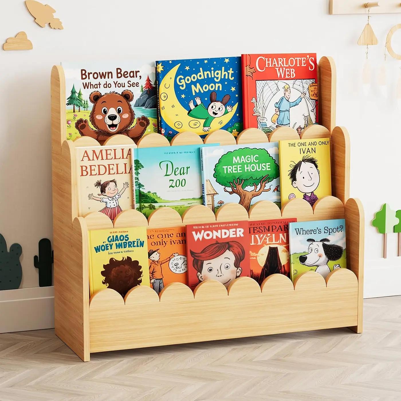 SpaceAid 3-Tier Scalloped Bookshelf, Montessori Bookcase for Toddlers, Wooden Book Shelf Organizer Display Furniture for Kids Rooms, Playroom, Nursery and Classroom, Natural The Forest Stewardship Council