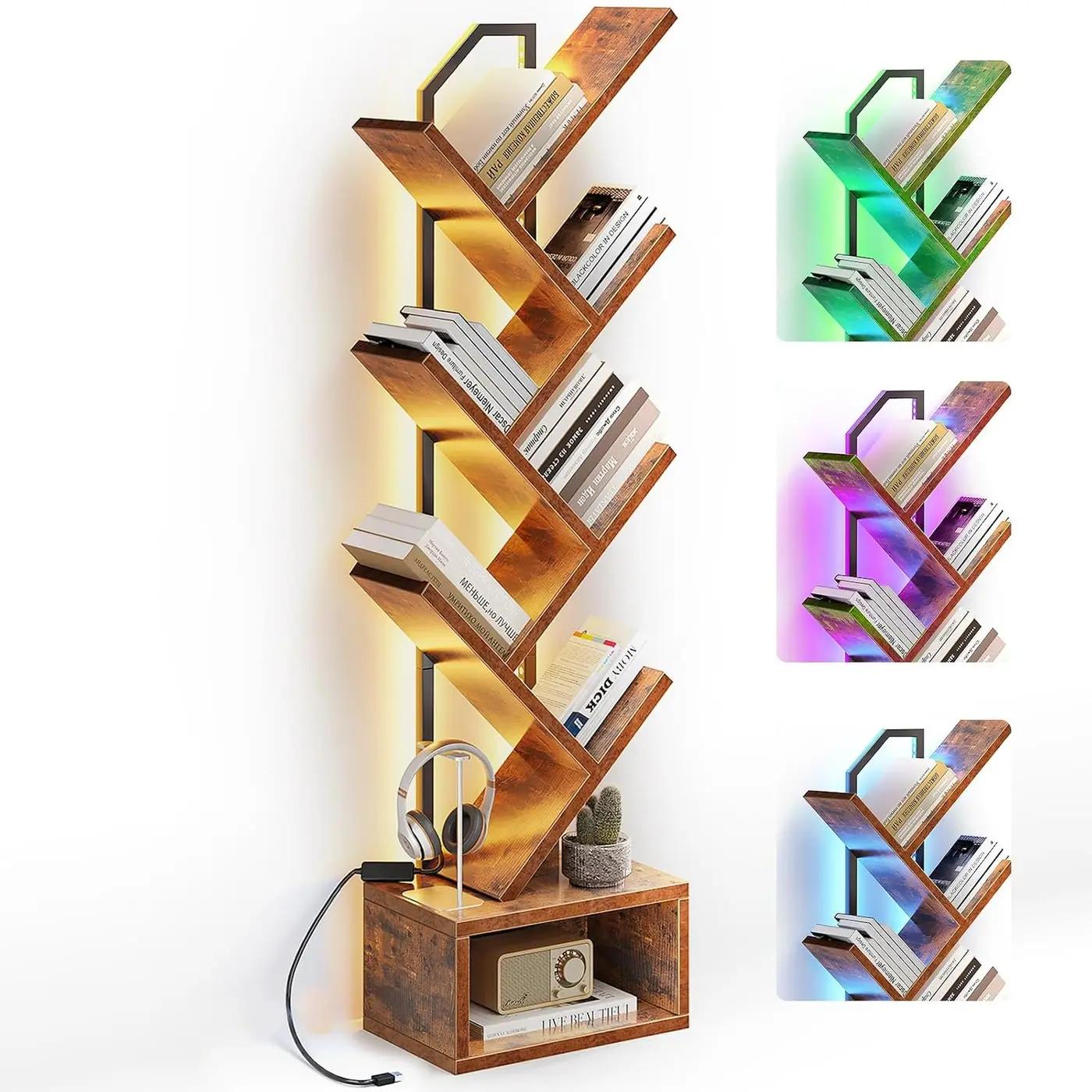 Casaottima Tree Bookshelf with LED Lights, 6-Tier Narrow Bookcase for Small Spaces, Tall Steel &amp; Wood Storage Shelf with Cabinet, Home Decor &amp; Organizer for Living Room/Bedroom/Home Office, Vintage