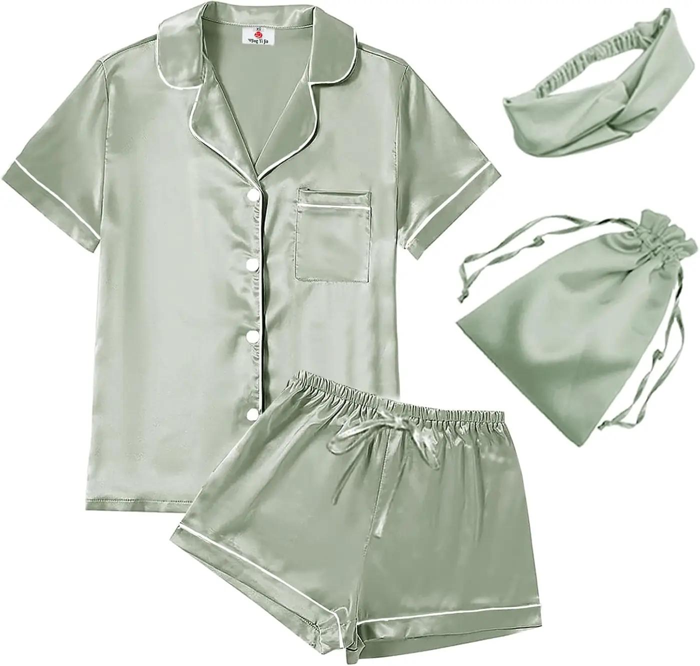 WJing Yi Jia 4Pcs Womens Satin Silky Pajama Sets Short Sleeve Shirt XS-4XL Floral Pajamas Set Soft PJ Loungewear Sleepwear Global Recycled Standard