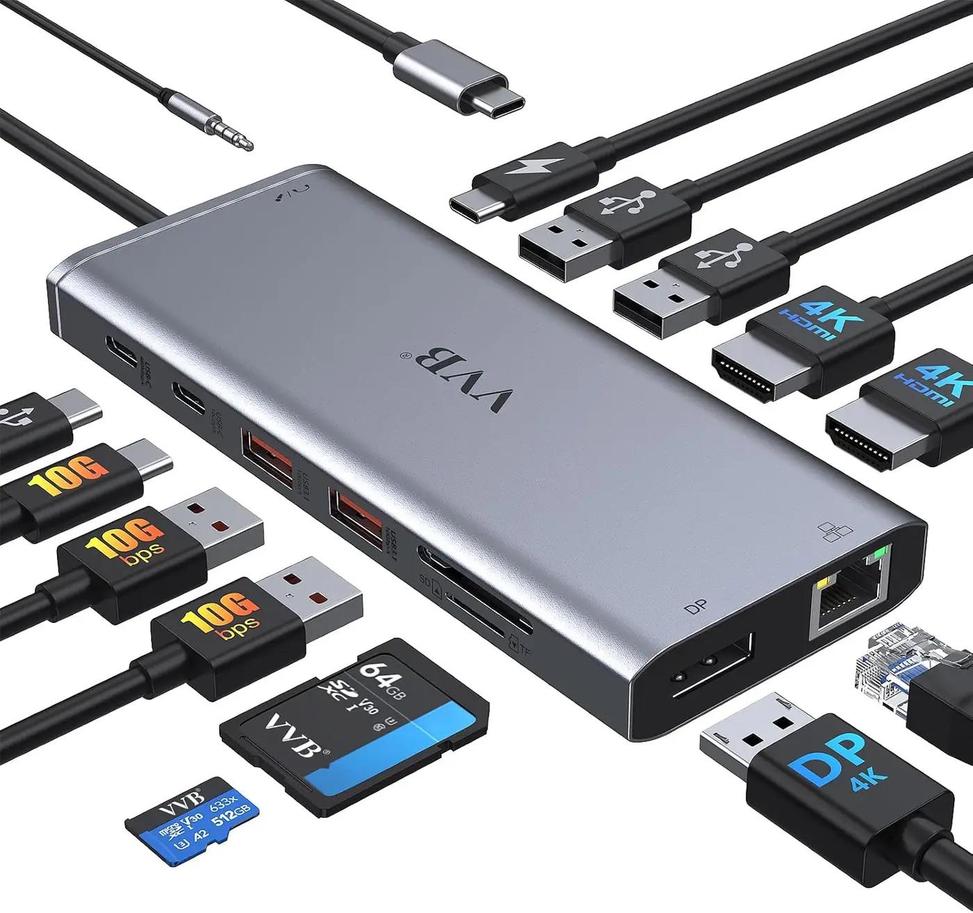 USB C Laptop Docking Station Dual Monitor HDMI for Dell/Lenovo/HP Laptop 14 in 1 USB C Hub Multiport Adapter Dongle Dock USB C to 2 HDMI 4K+DisplayPort+Ethernet+4USB+2USB C+100W PD Charger+SD/TF+Audio ClimeCo Certified