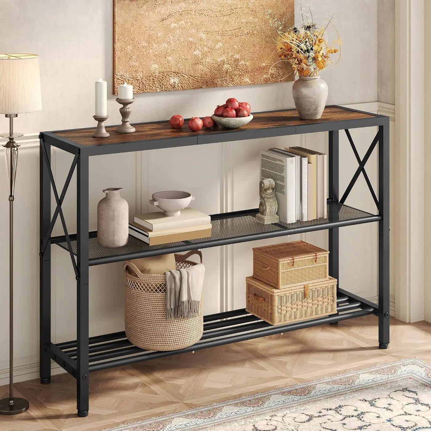 Hoctieon Industrial Console Table, 3 Tier Entryway Table, Hallway Table, Narrow Sofa Table with Shelves, Entrance Table for Entryway, Living Room, Foyer, Hallway, Office, Rustic Brown&amp;Black