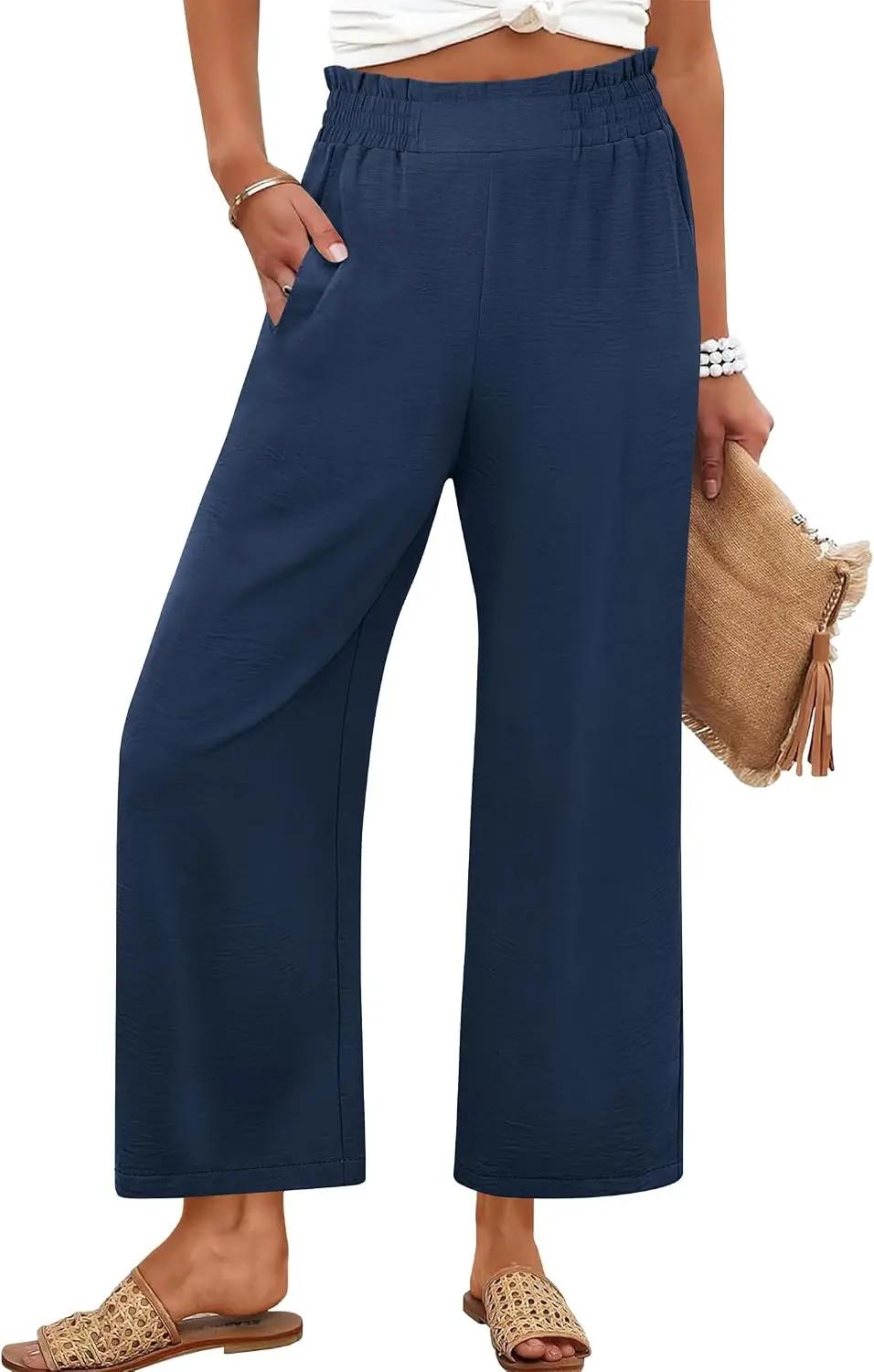 ANRABESS Womens Wide Leg Palazzo Pants Summer Beach High Waisted Cropped Flowy Pants 2026 Dressy Casual Trousers with Pockets Global Recycled Standard