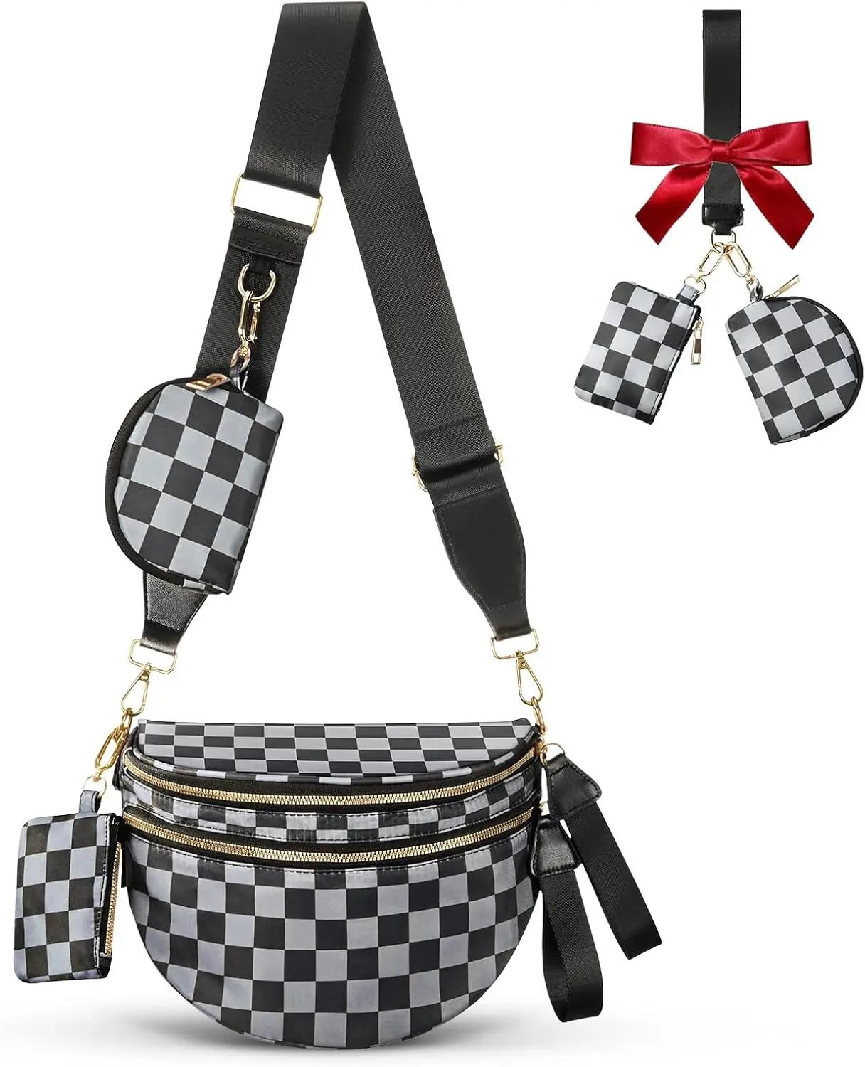 RSOTC Cross Body Bag for Women Bum Bag Checkered Belt Bags Fanny Packs for Girls Travel Purse Fashion Waist Packs Crossbody Nylon Purse Trendy Shoulder Bags for Womens