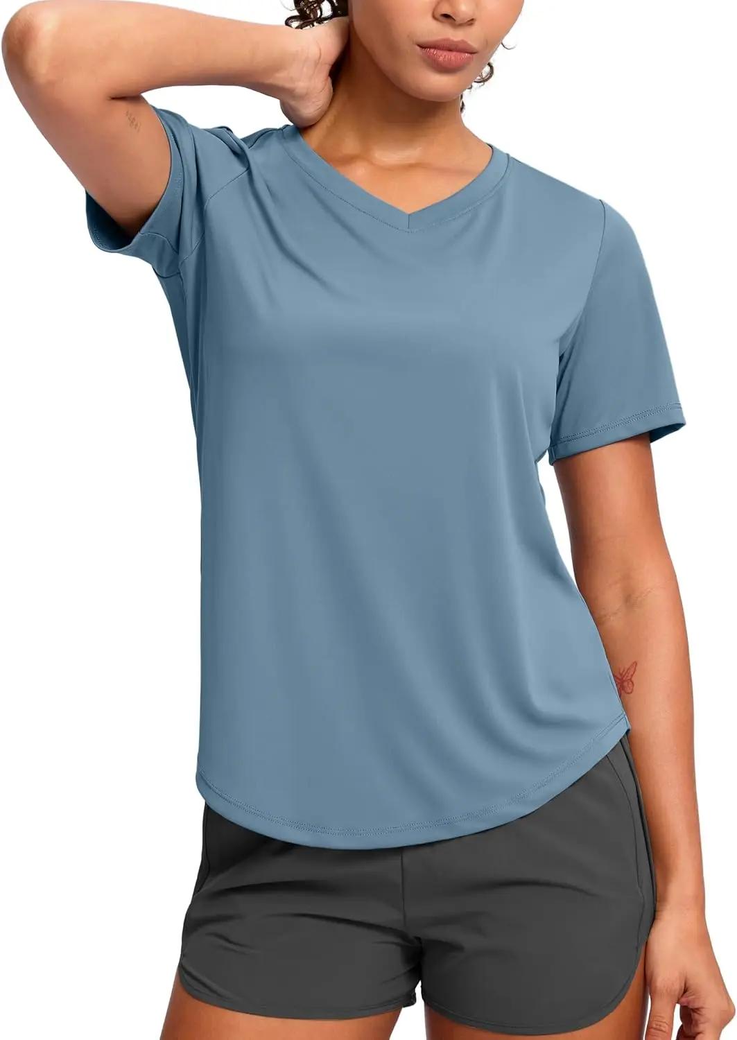 Womens Workout Shirts V-Neck Short Sleeve UPF 50+ Sun Shirt Moisture Wicking Dry Fit Top for Gym, Running, Athletic