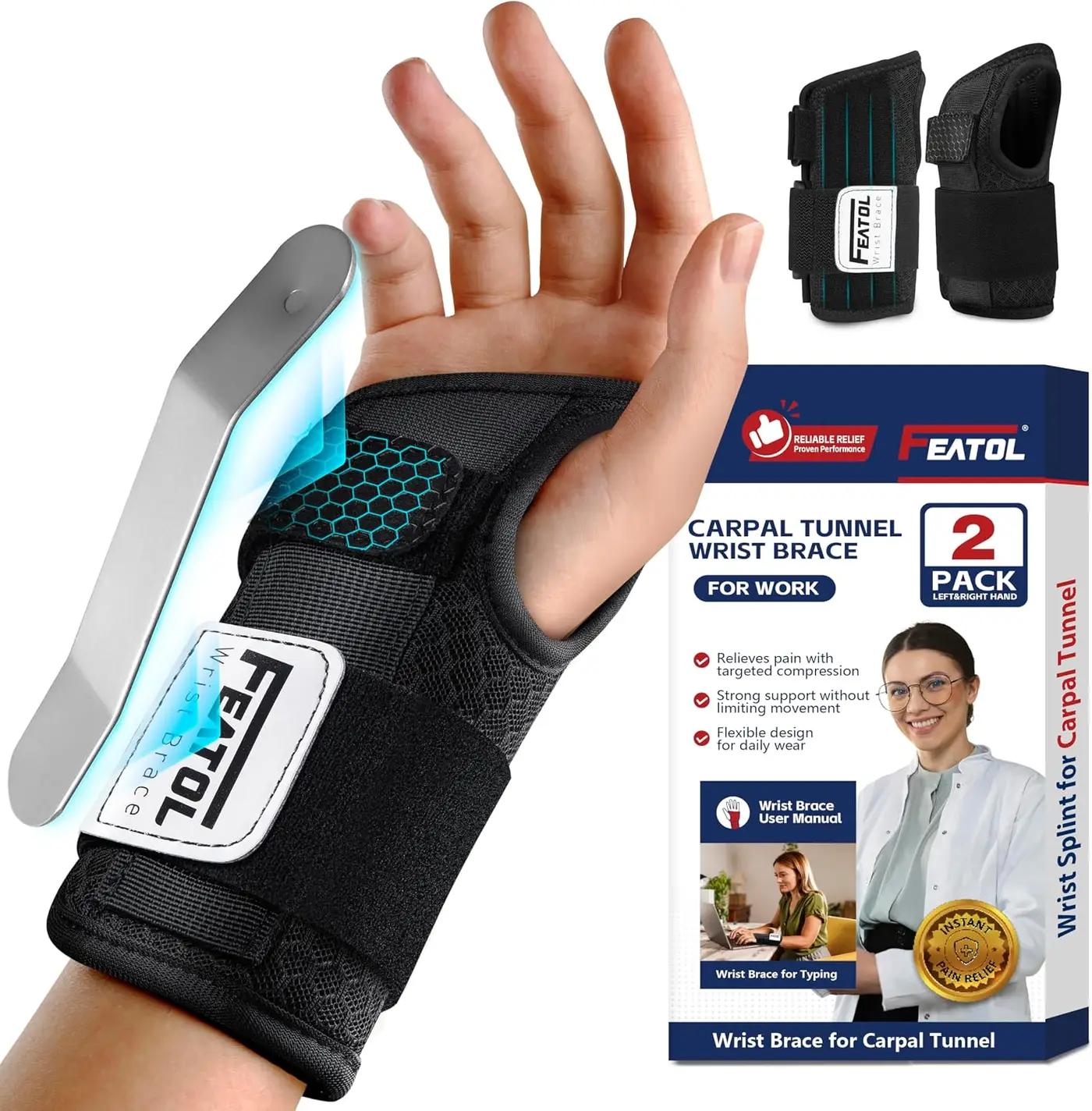 FEATOL 2 Pack Carpal Tunnel Wrist Brace For Work With Wrist Splint, 6.5'' Wrist Brace Night Support For Women Men, Pain Relief For Tendonitis, Arthritis, Pregnancy, Typing, Right and Left Hand, Medium OEKO-TEX STANDARD 100