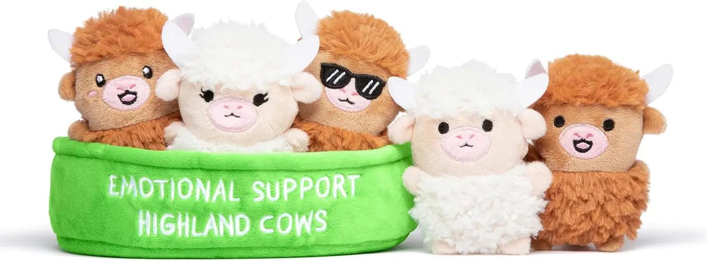 Emotional Support Highland Cows by Relatable, Cuddly Stuffed Animals and Plushies Set, Small Gifts for Mom, Includes 5 Highland Cows Plush Toys with Carrying Basket