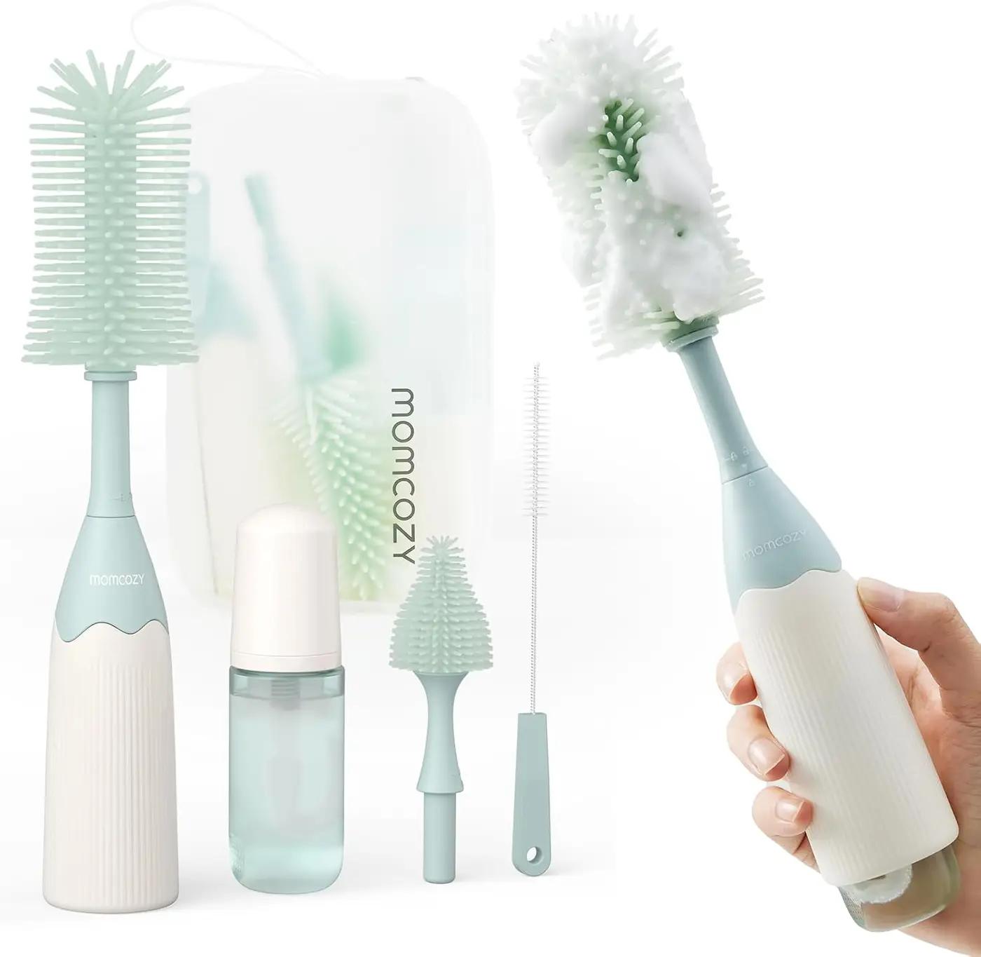 Momcozy Bottle Brush Kit with Push-Press Foam Design - Newborn Essentials Gift, Portable Cleaning Tool for Home &amp; Travel, Baby Bottle Cleaner Brush for Breast Pumps &amp; Nipples, Green