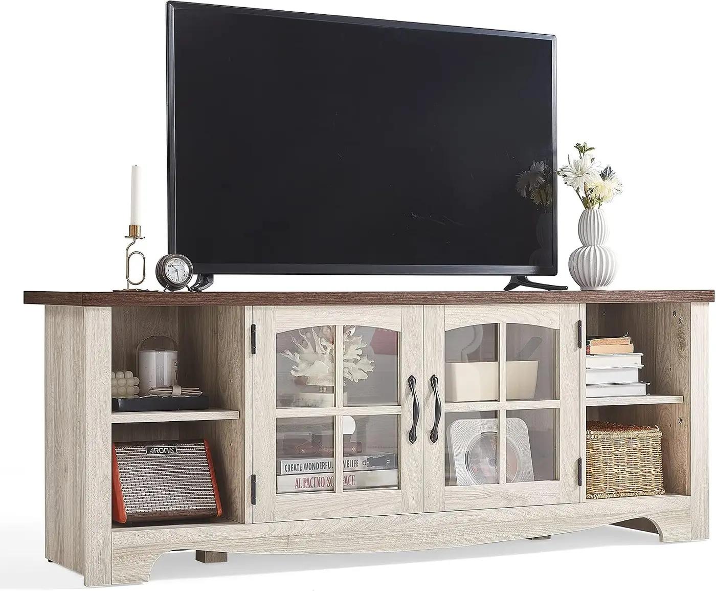 LINSY HOME Farmhouse TV Stand for 65 Inch TV, Wood Entertainment Center with Glass Door Storage Cabinet &amp; Adjustable Shelves, Large Sturdy TV Console Table for Living Room Bedroom